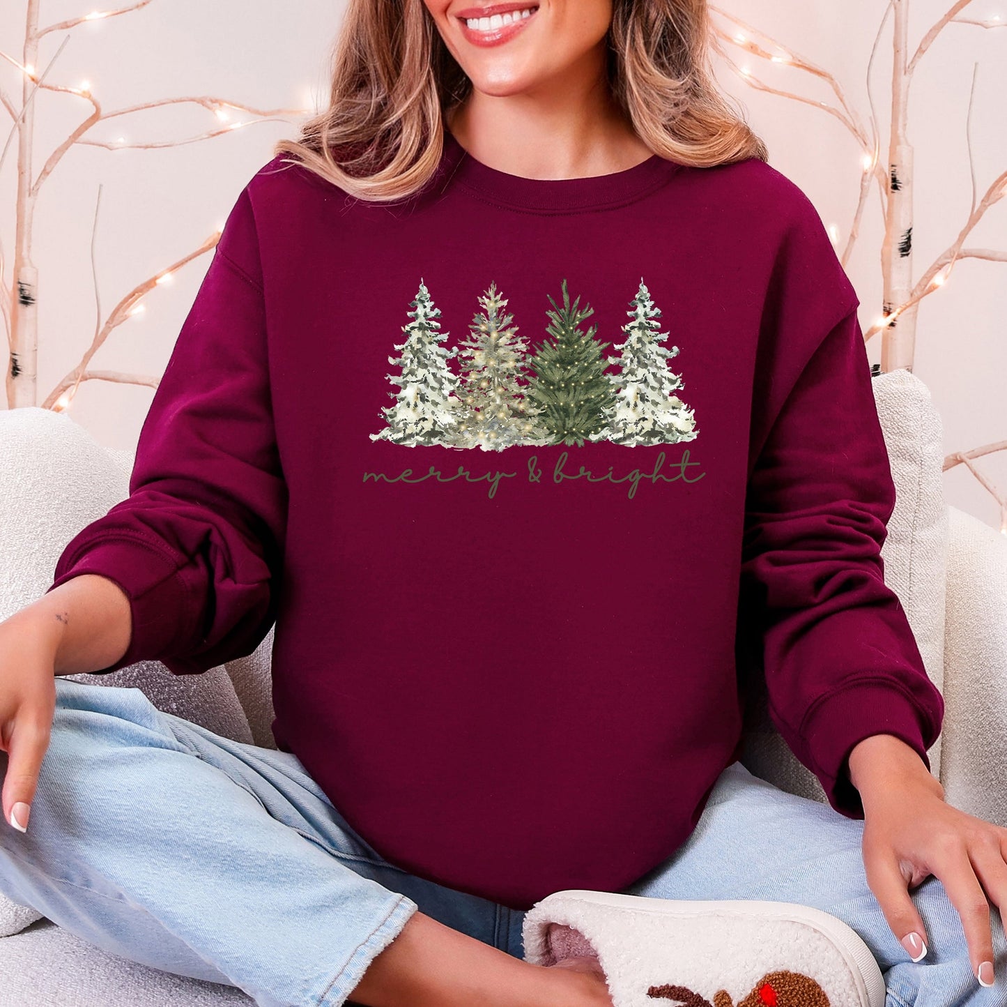 Merry and Bright, Christmas Trees, Santa, Snowflakes Sweatshirt