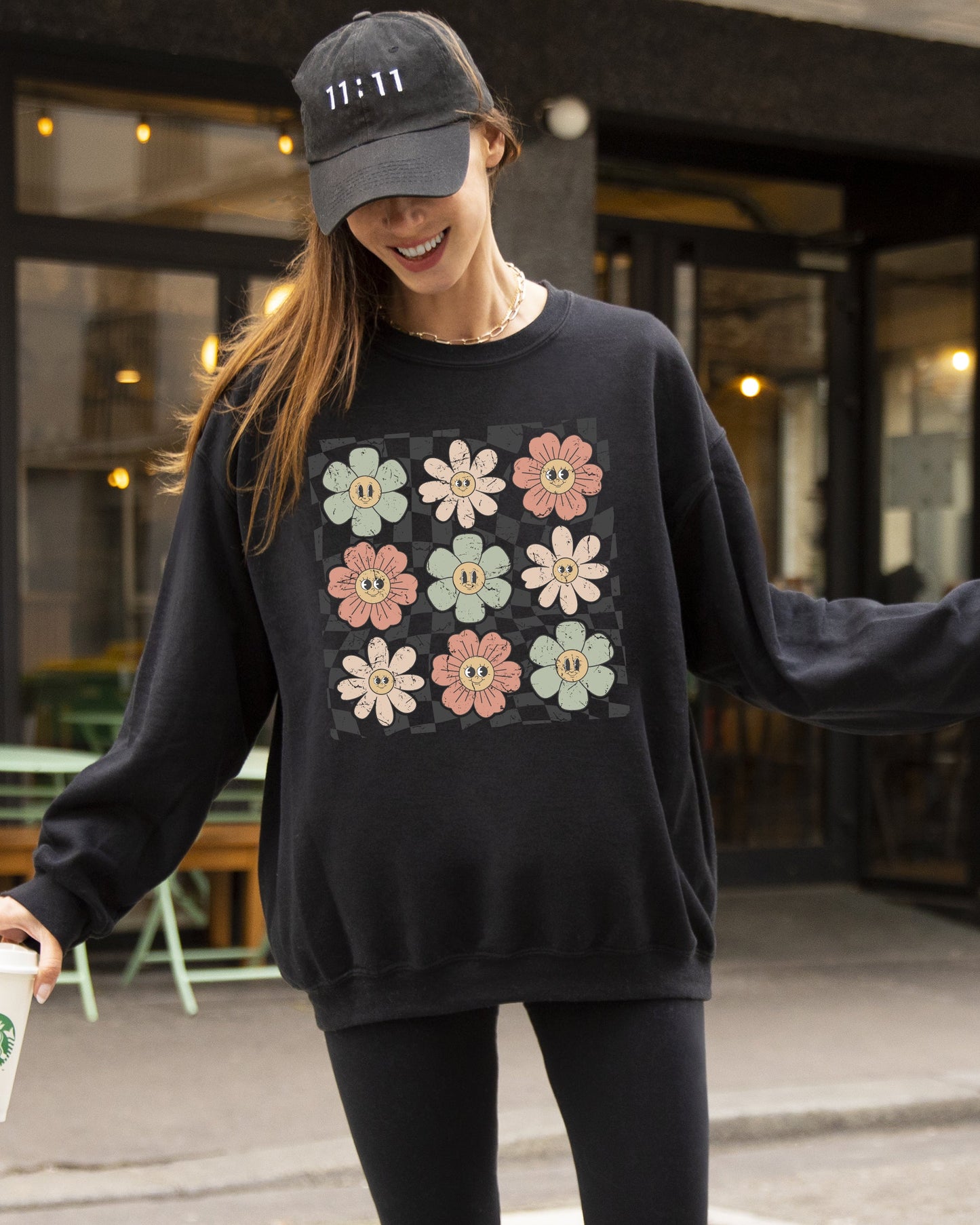 Retro Flowers, Checkered, Daisies, Hippie, Cute, Positivity Sweatshirt