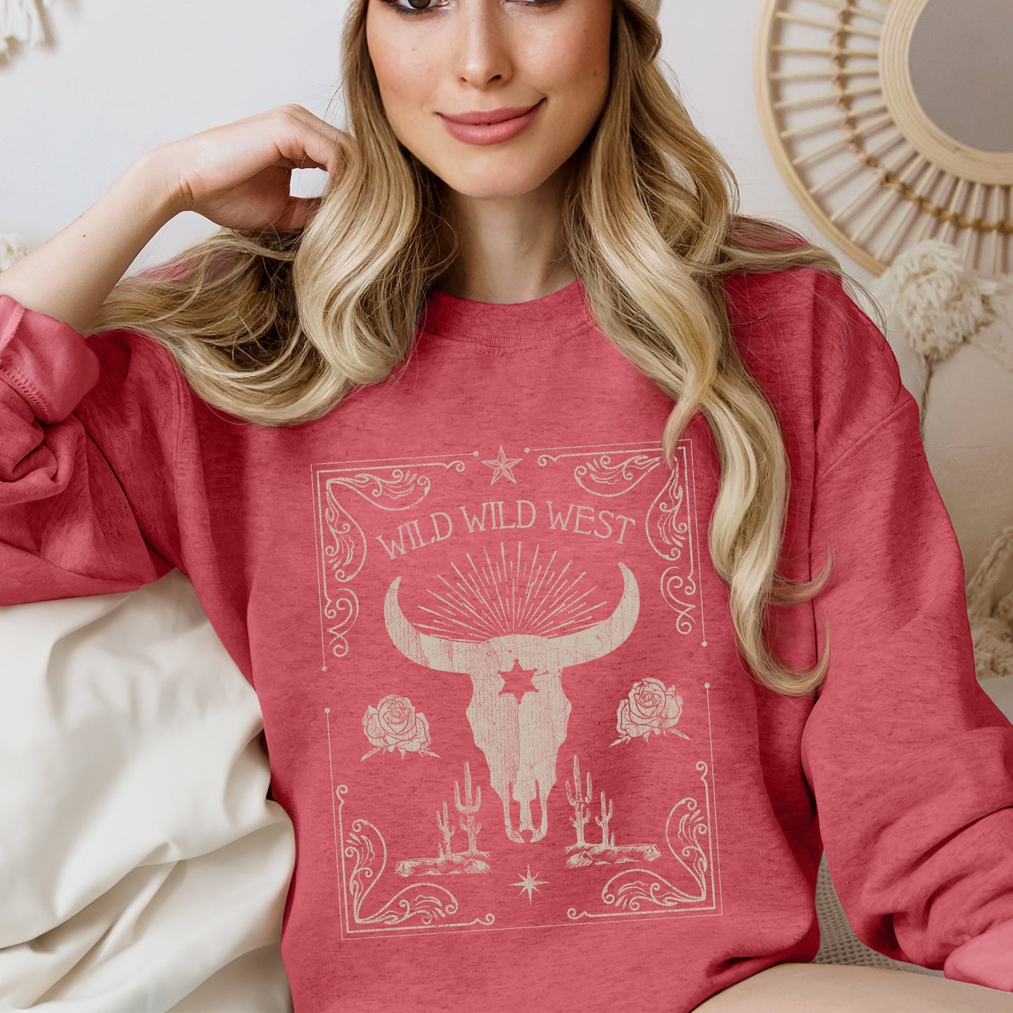 Wild Wild West, Cow Skull, Rose, Western, Country Sweatshirt