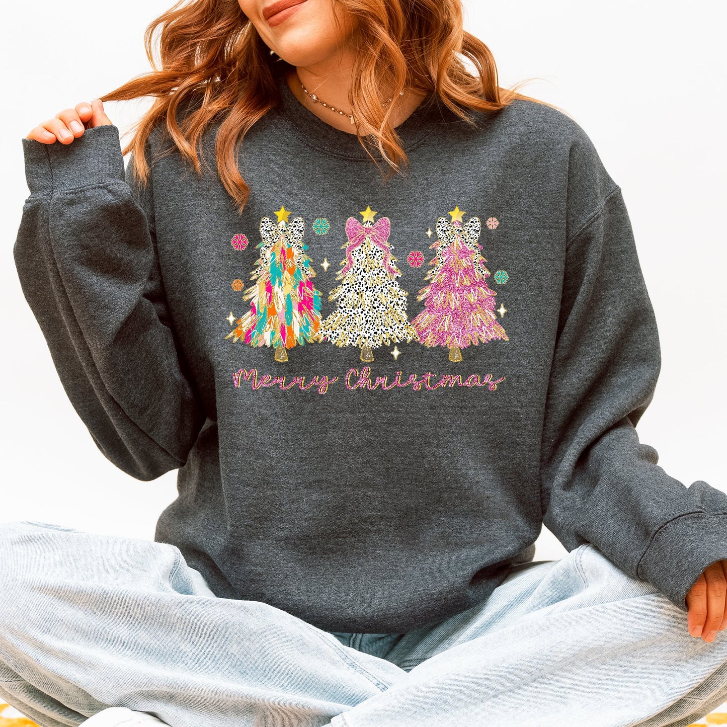 Merry Christmas, Pastel Christmas Trees, Santa, Colorful, Painting, Colorful Sweatshirt