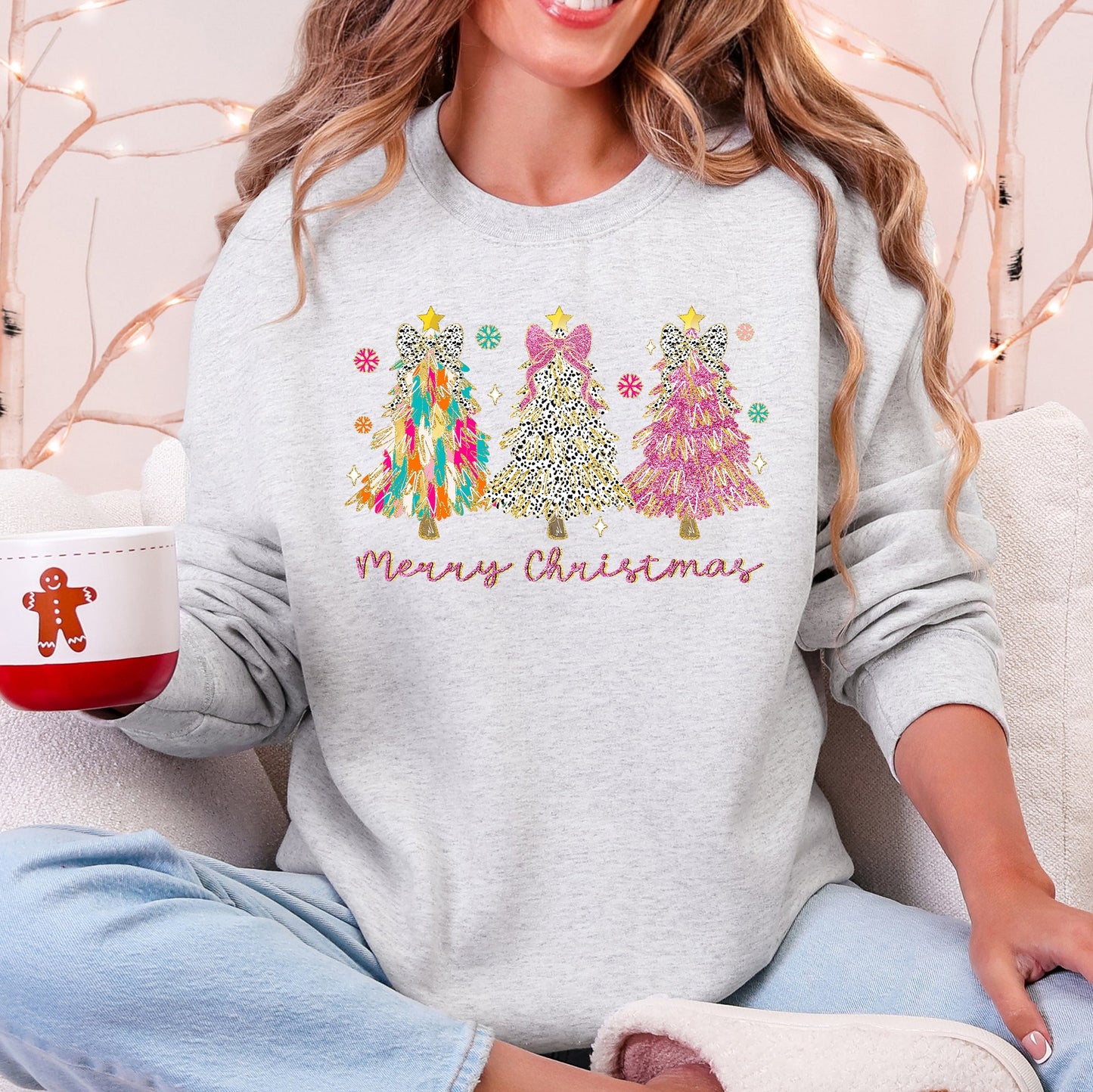 Merry Christmas, Pastel Christmas Trees, Santa, Colorful, Painting, Colorful Sweatshirt