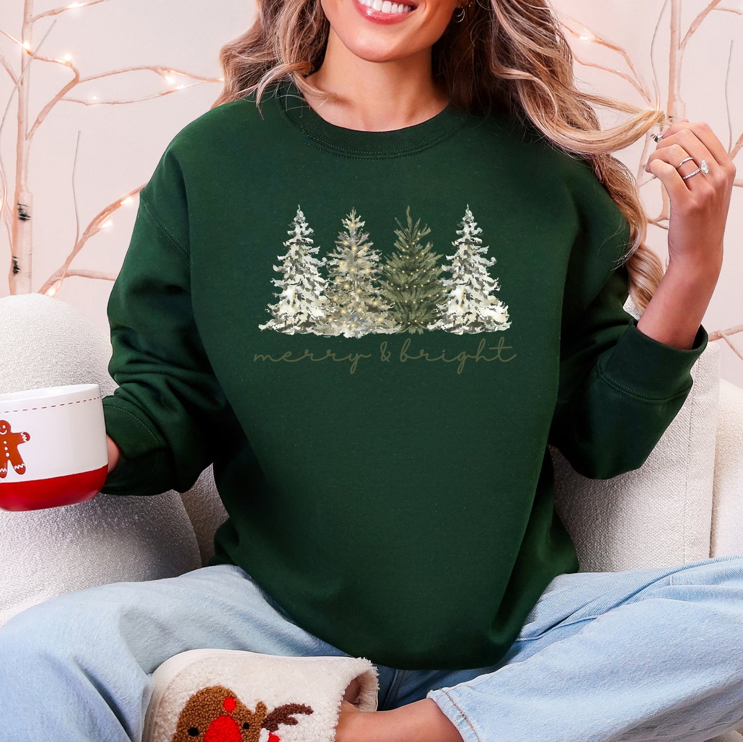 Merry and Bright, Christmas Trees, Santa, Snowflakes Sweatshirt