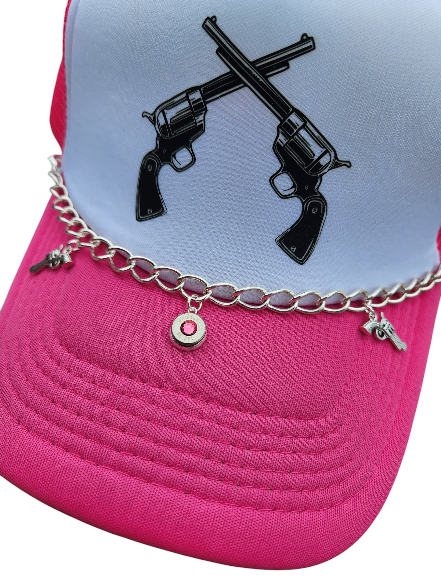 Trucker Hat with Revolver  charms & headstamp Bracelet- Hot Pink