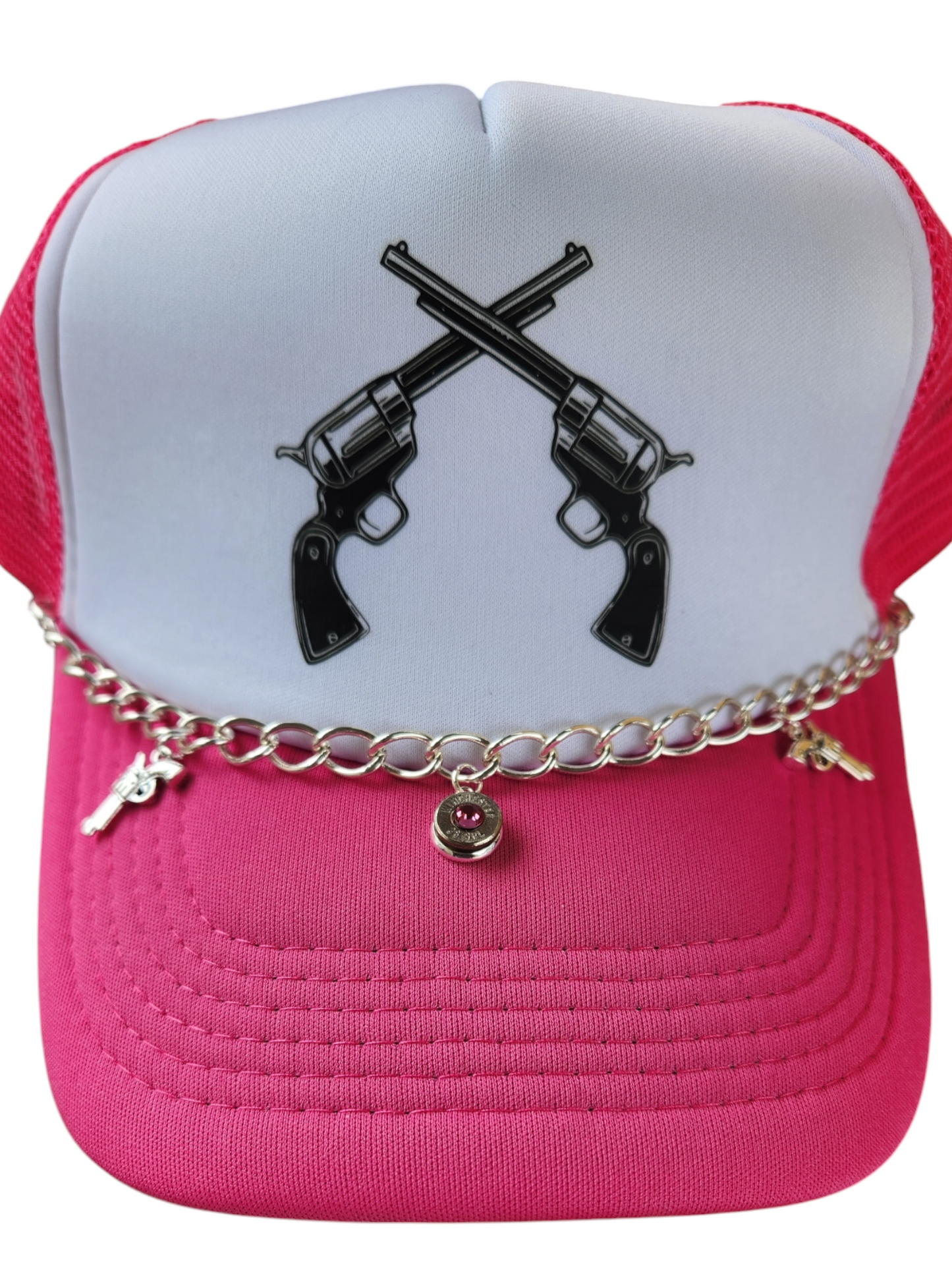 Trucker Hat with Revolver  charms & headstamp Bracelet- Hot Pink