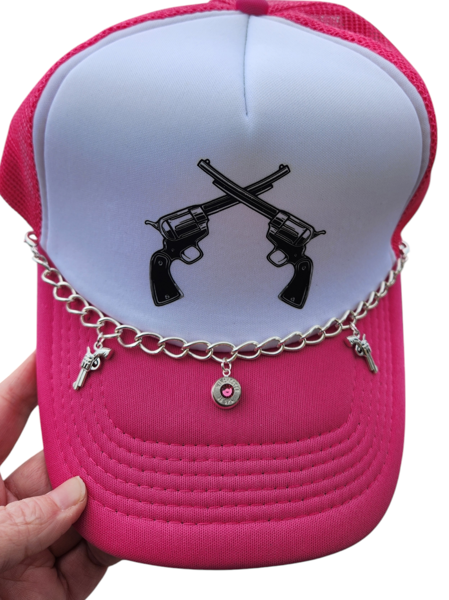 Trucker Hat with Revolver  charms & headstamp Bracelet- Hot Pink